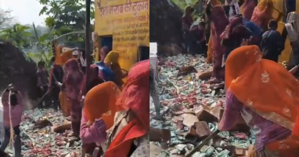 शराब की बोतलें तोड़ती महिलाएं 