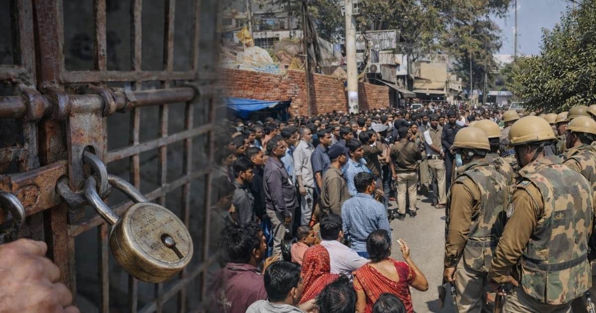 आगरा न्यूज: आगरा में मंदिर विवाद के दौरान सड़क पर प्रदर्शन करते श्रद्धालु और सुरक्षा में तैनात पुलिस